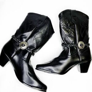 Vintage Oak Tree Farms Black Leather Western Boots -‎ Concho & Metal Toe - 7.5